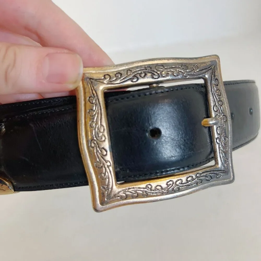 Vintage Land's End Black Leather Belt Silver Engraved Buckle Size 26 Western